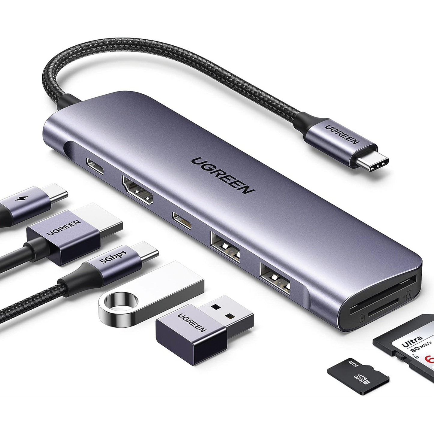 15214 HUB USB-C (Docking Revodok) 7 en 1 | 2 USB-A 3.0 | 1 USB-C 3.0 (5Gbps) | 1 USB-C PD Carga 100W | HDMI 4K | Lector Tarjetas SD + Micro SD (TF) Uso Simultáneo | Chip de Última Generación | Cable de Nylon Trenzado | Caja de Aluminio.