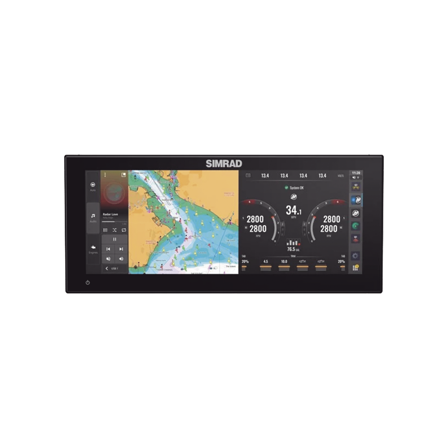 Pantalla Ultrawide NSX ULTRAWIDE de 12 pulgadas / Pantalla SolarMAX™ IPS HD / Integración con Mercury® y CZone® / Sonar Active Imaging™ / Compatibilidad con C-MAP® X-Gen Charts / NMEA 2000® / Ethernet y USB