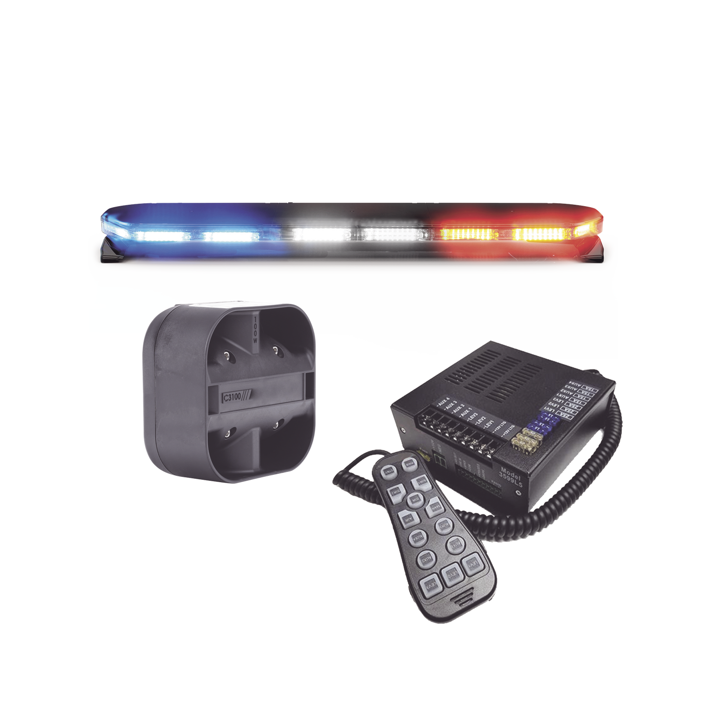 16TR47KIT300 - Kit de Sirena, Bocina y Torreta de 47", Serie 16 con 300 LEDs, Dual Color, Frente: Rojo/Blanco, Azul/Blanco, Trasero: Rojo/Ámbar, Azul/Ámbar