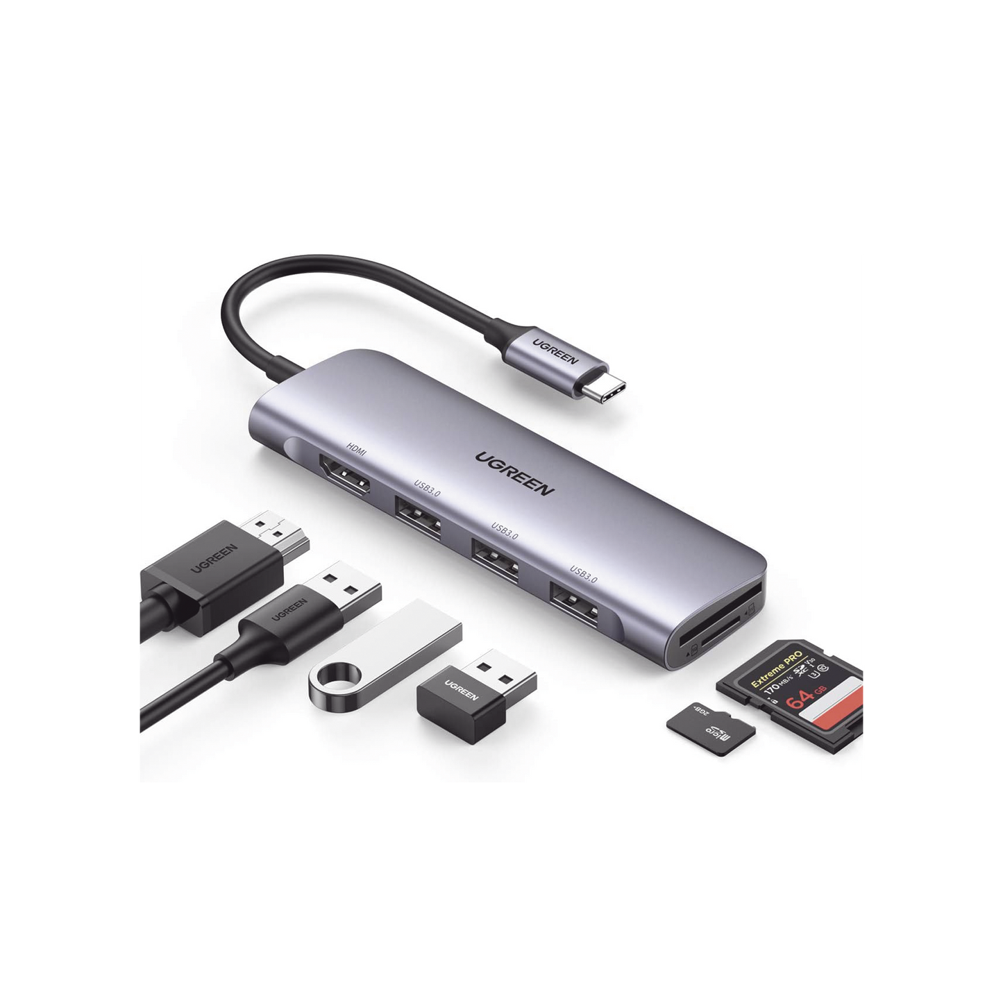 20956A - HUB USB-C (Docking Station) 6 en 1 | HDMI 4K@30Hz | 3 Puertos USB 3.0 | Lector Tarjeta SD + Micro SD (TF) Uso Simultáneo | Chip de Última Generación | Potente Disipación de Calor | Caja de Aluminio.