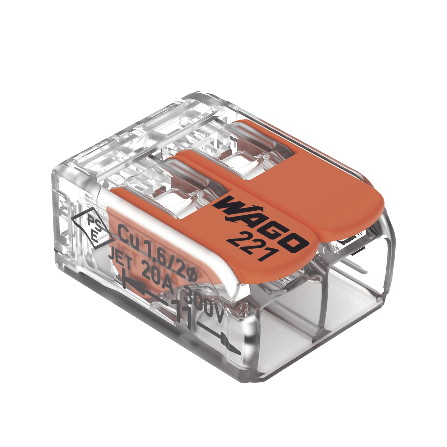 221-412 - Borna de Conexión / Serie 221 / Palancas Naranja / 2 Conductores 4 mm² / Carcasa Transparente / 300V 20A / T85 / UL ENEC Certificado