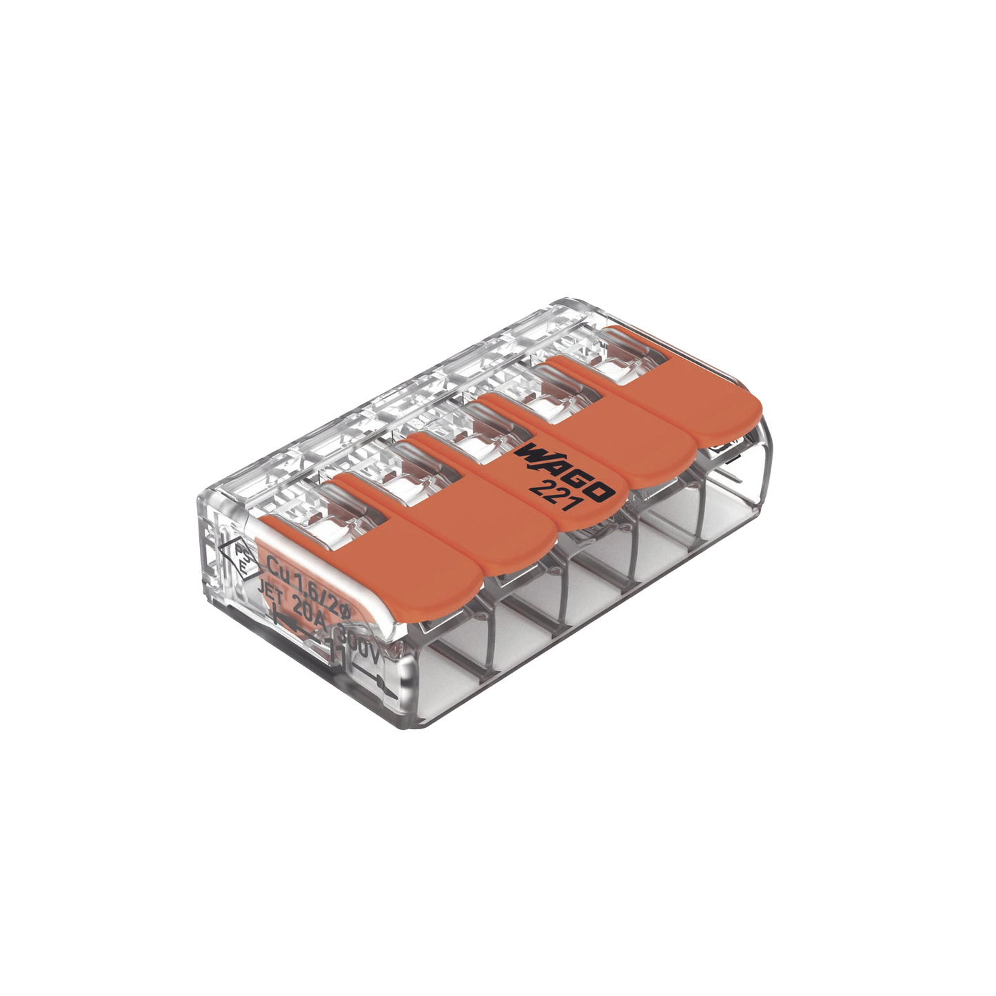 221-415 - Conector Eléctrico / Borne de Conexión con Palancas / 5 Puntos / 32A 450V / CAGE CLAMP® / Policarbonato Transparente / Para 0.14-4 mm²