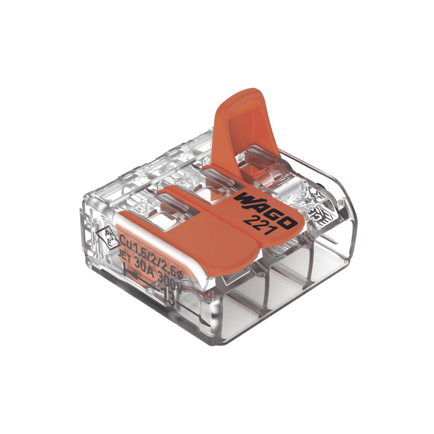 221-613 - Borna de Conexión con Palancas / 3 Conductores / CAGE CLAMP® / 6 mm² (10 AWG) Máximo / 32A 450V / Transparente / Palancas Naranja / TB85