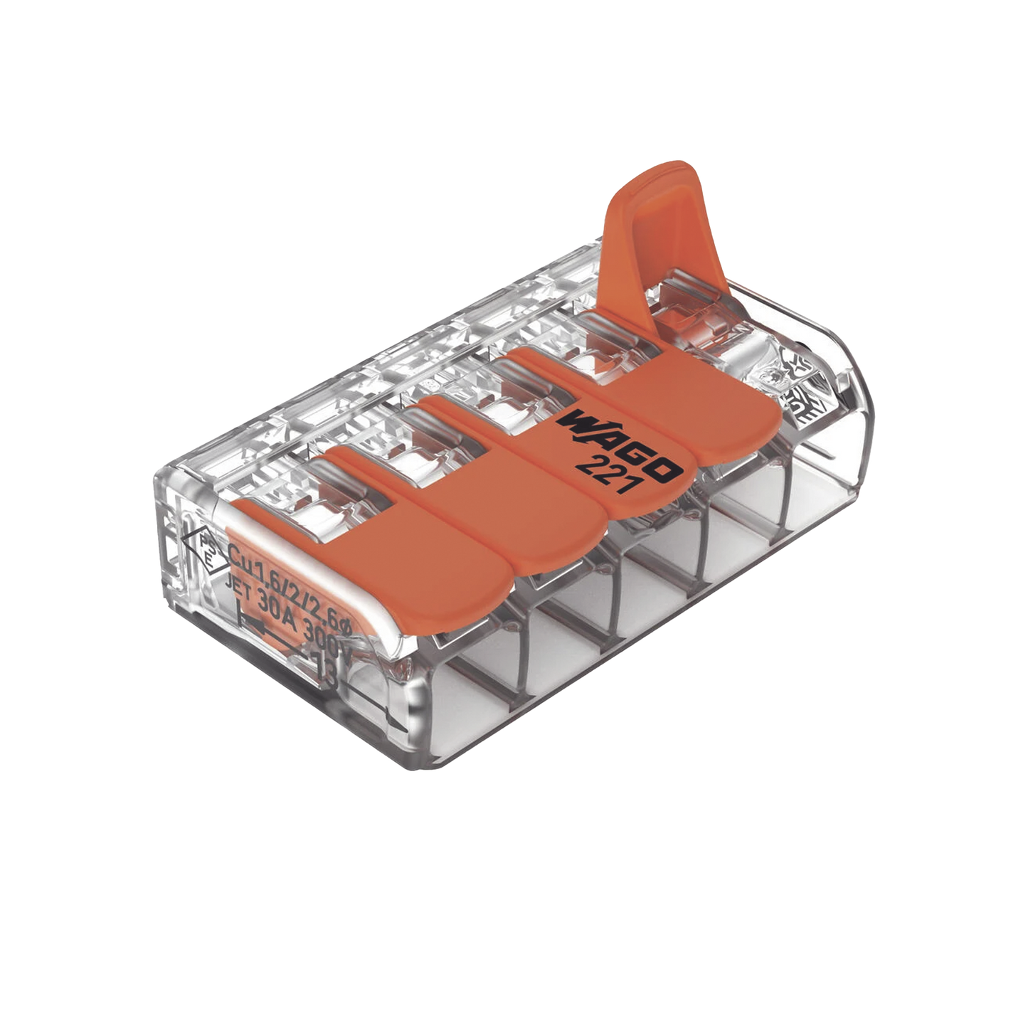 221-615 - Conector Eléctrico / Borna de Conexión con Palancas / 5 Puntos / 6 mm² Máximo / 30A 450V / Transparente / CAGE CLAMP® / UL-ENEC-CB