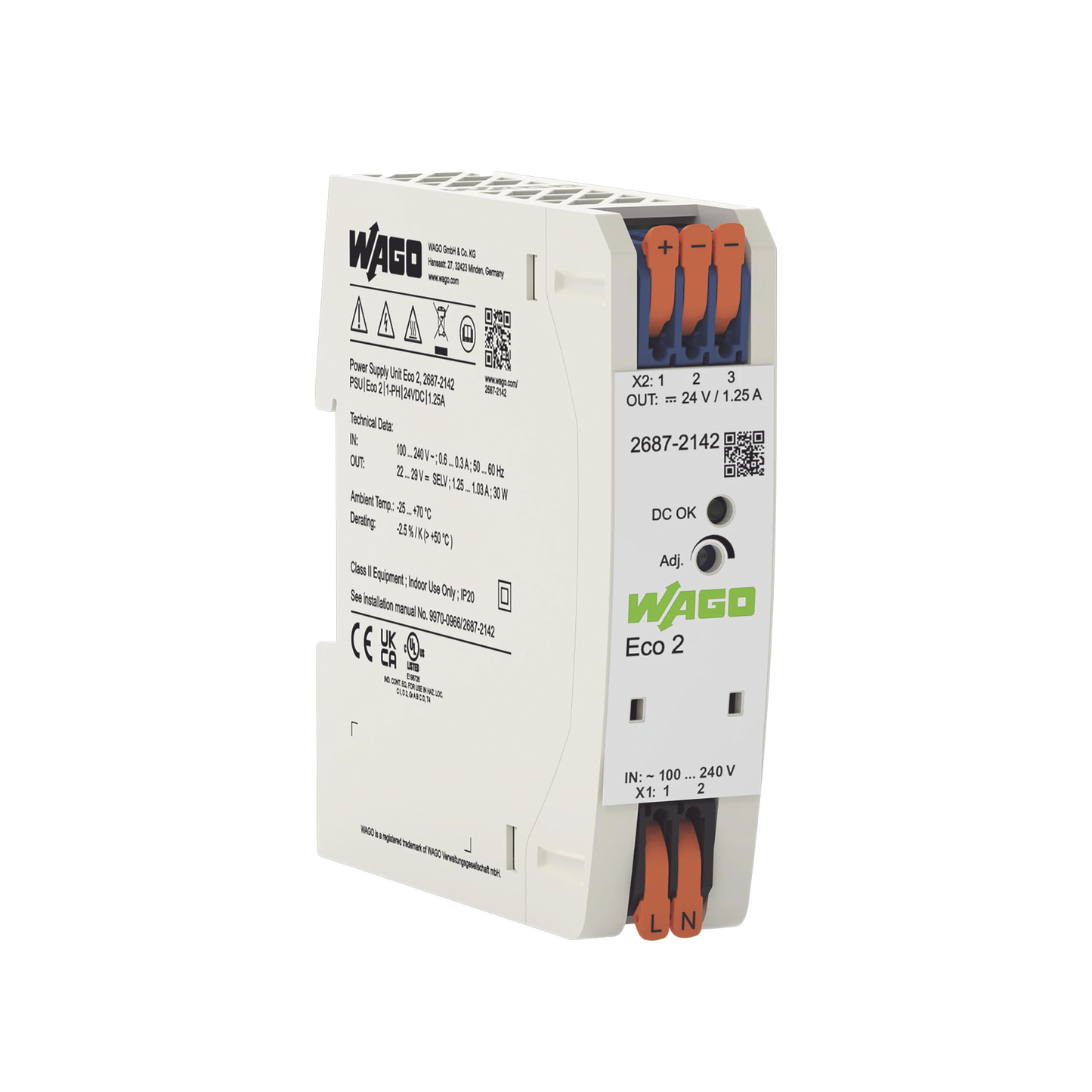 2687-2142 - Fuente de Alimentación Eco 2 / Monofásica / 24V DC / 1.25A / 30W / Push-in CAGE CLAMP® / Carril DIN / SELV-PELV / IP20