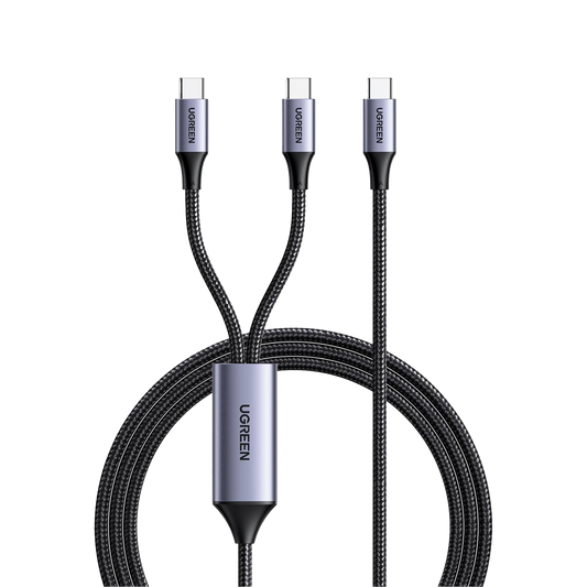 35087 Cable USB-C a Y (USB-C & USB-C) | 1.5 Metros | Carga Rápida de hasta 100W | PD3.0 | QC4.0/3.0/2.0 | FPC | AFC | Protección Integrada| Caja de Aluminio | Nylon Trenzado | Amplia Compatibilidad | Color Negro.