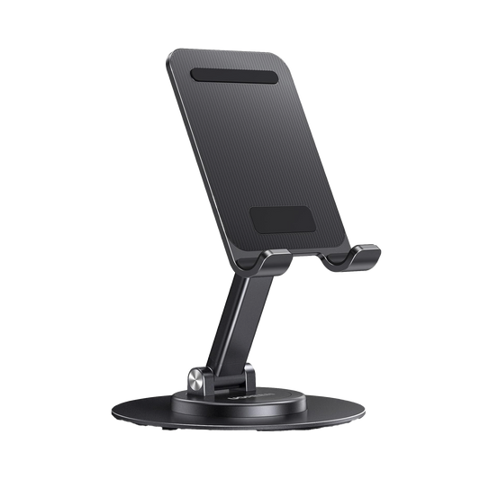 35152 Soporte para Teléfono Celular Giratorio | 360° de Rotación | Angulo Ajustable | Altura Ajustable 17-20cm  | Antideslizante | Ejes Giratorios de Alta Precisión| Plegable | Aluminio | Color Gris