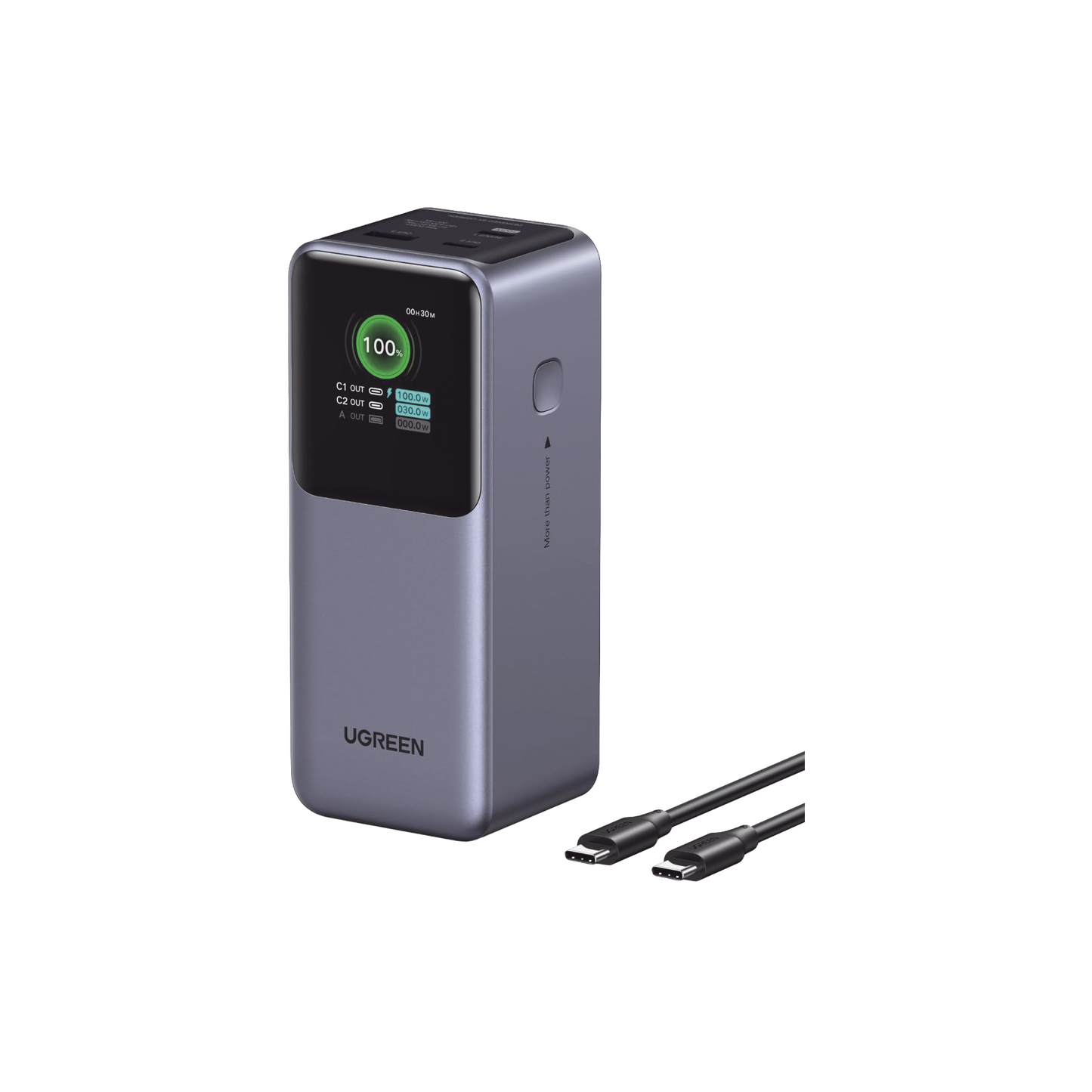 35524B - Power Bank de 20000mAh | 3 Salidas 130W Max. | USB-A + 2 USB-C | PD 3.0 | QC3.0 | FCP | SCP | Pantalla Inteligente | Carcasa Ignifuga | Color Gris | Incluye Cable USB de 50cm | Carga tu Laptop de Manera Segura.