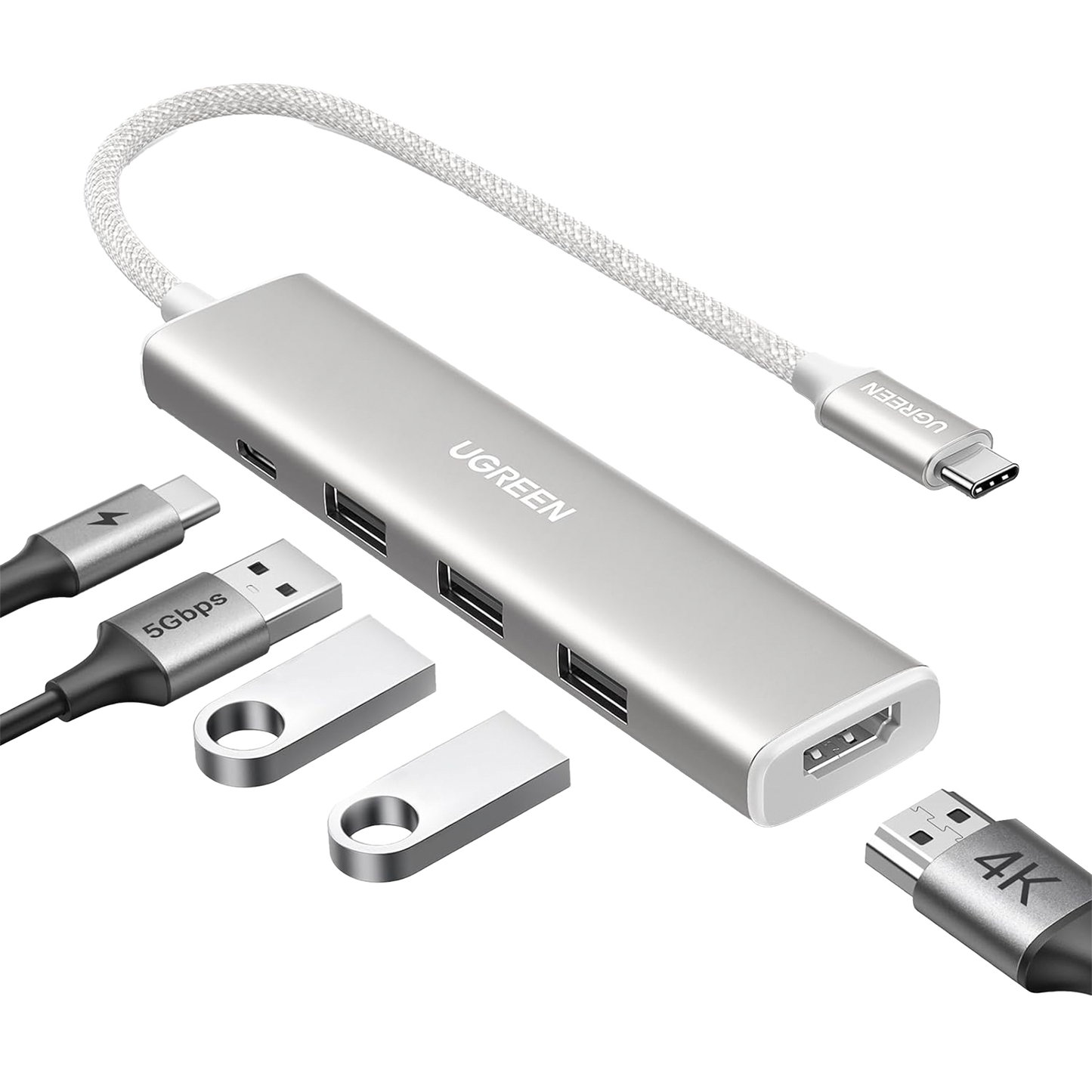 35580 HUB USB-C (Docking Revodok) 5 en 1 | HDMI 2.0 4K@30Hz | 3 USB-A 3.0 (5Gbps) | USB-C PD Carga 100W | Chip de Última Generación | Cable de Nylon Trenzado de 25 cm | Carcasa de Aluminio | Color Blanco.