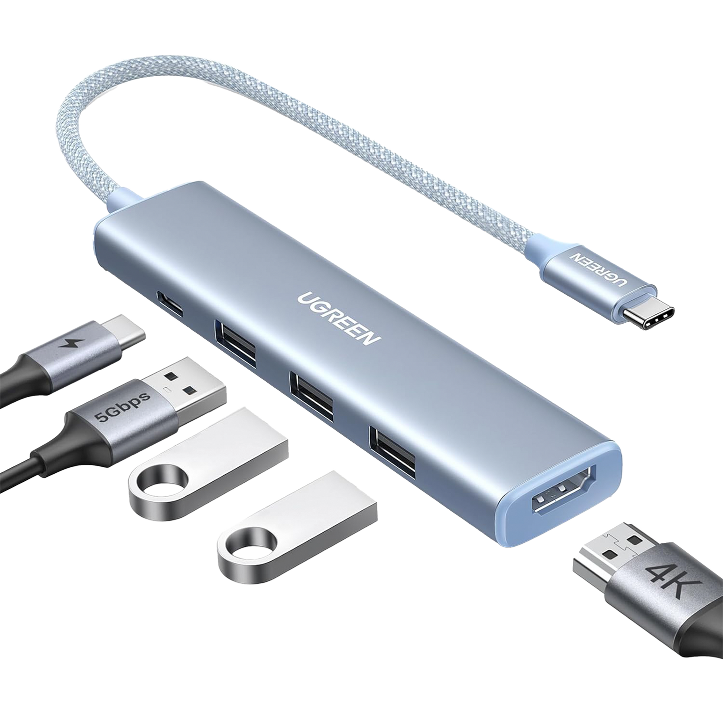 35581 HUB USB-C (Docking Revodok) 5 en 1 | HDMI 2.0 4K@30Hz | 3 USB-A 3.0 (5Gbps) | USB-C PD Carga 100W | Chip de Última Generación | Cable de Nylon Trenzado de 25 cm | Carcasa de Aluminio | Color Azul.