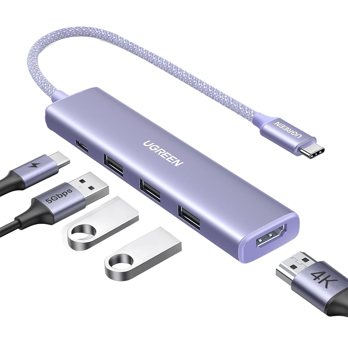 35582 HUB USB-C (Docking Revodok) 5 en 1 | HDMI 2.0 4K@30Hz | 3 USB-A 3.0 (5Gbps) | USB-C PD Carga 100W | Chip de Última Generación | Cable de Nylon Trenzado de 25 cm | Carcasa de Aluminio | Color Morado.