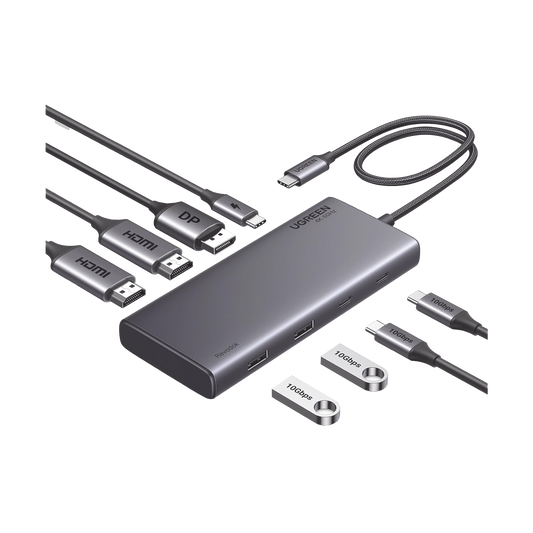 HUB USB-C (Docking Revodok 308) 8 en 1 | 2 Puertos HDMI 4K@60Hz | 1 Puerto DisplayPort 4K@60Hz 2 USB-A 10Gbps) | 2 USB-C (10Gbps) | USB-C PD Carga 100W | Chip de Ultima Generacion | Carcasa de Aluminio.