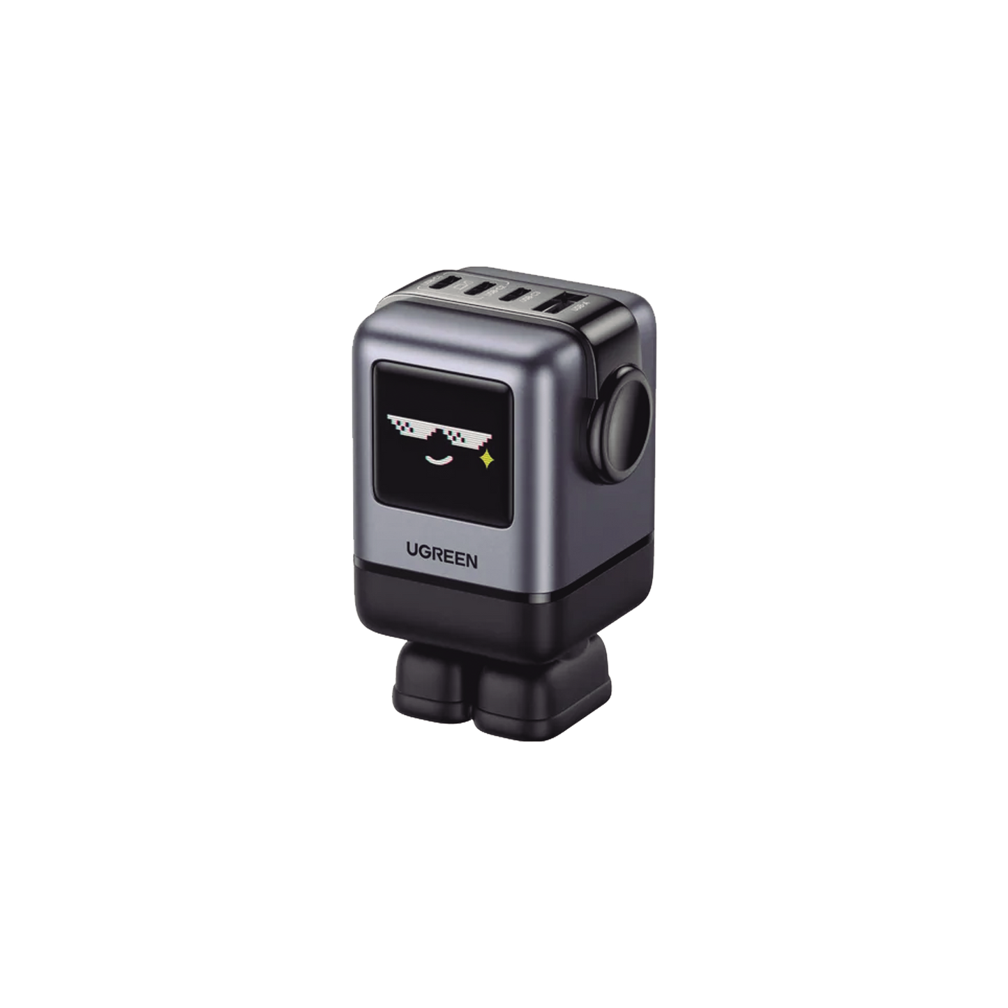 45514B - Cargador RobotGaN de 100W Serie UNO | 4 Puertos de Carga R�pida | 3 USB-C | 1 USB-A | PD 3.0 | QC 4.0 | Carga Inteligente | Tecnolog�a GaN II | Zapato Magn�tico Extra�ble | Carcasa Ign�fuga | Pantalla LED