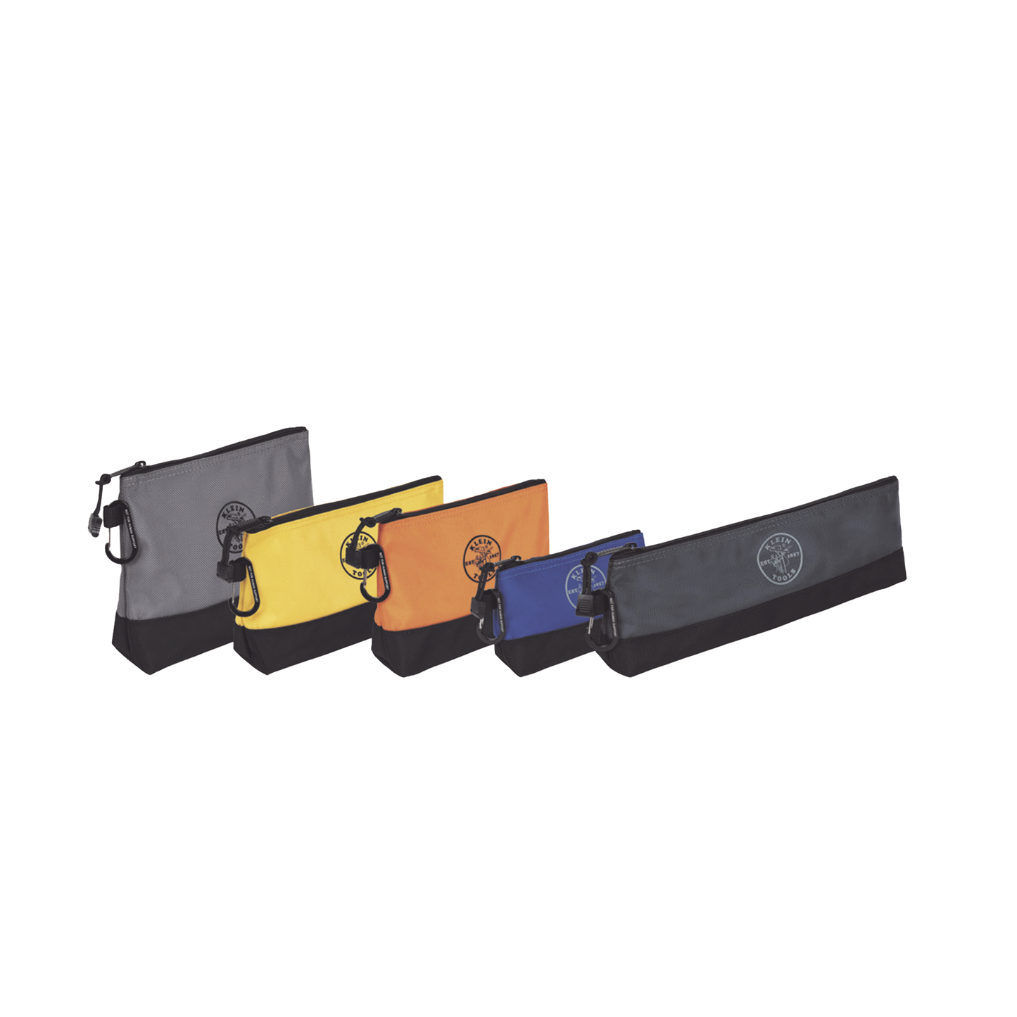 55569 - KIT 5 Bolsos Ultra Resistentes para Herramientas con Base y cierre Zipper, Colores: gris claro, amarillo, naranja, azul, gris oscuro. Todos con Mosquetones de Aluminio.