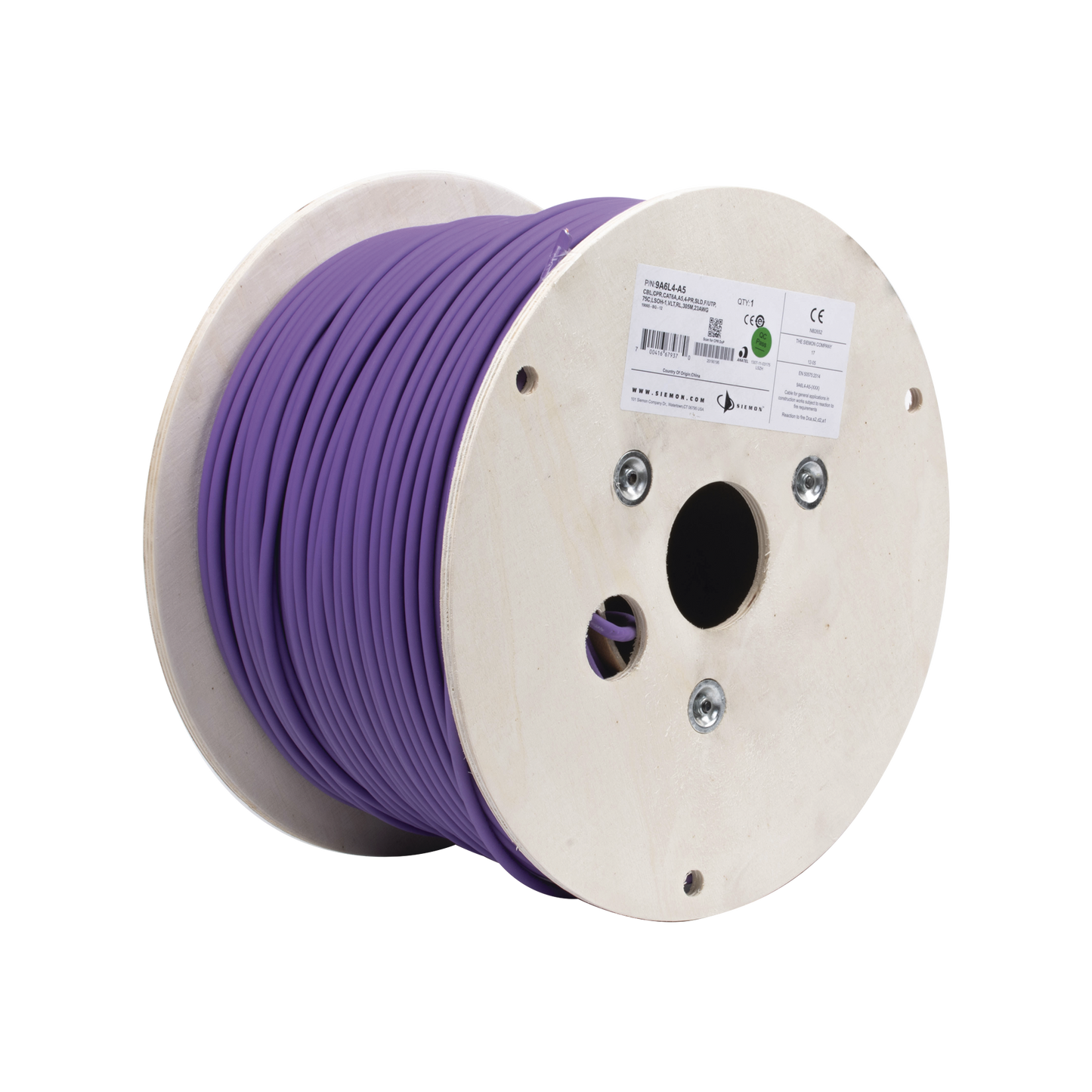 9A6L4-A5 - Bobina de Cable Blindado F/UTP de 4 Pares, Z-MAX, Cat6A, Soporte de Aplicaciones 10GBase-T, LS0H (Libre de Gases Toxicos), Color Violeta, 305 Metros (1000 Pies)