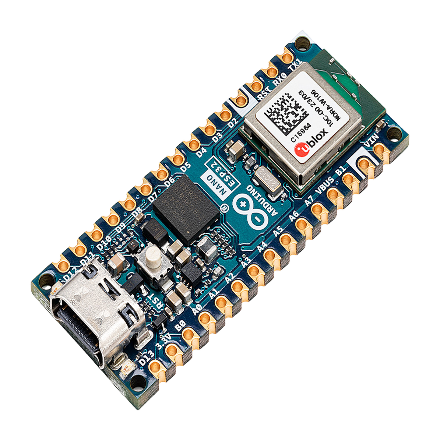 ABX-00092 - Placa Desarrollo Arduino Nano ESP32 / Microcontrolador ESP32-S3 Dual-Core 240 MHz / Wi-Fi 4 802.11 b/g/n + Bluetooth LE 5.0 / 16 MB Flash Externa + 8 MB PSRAM / Compatibilidad Arduino Cloud + MicroPython / USB-C + Conectividad IoT