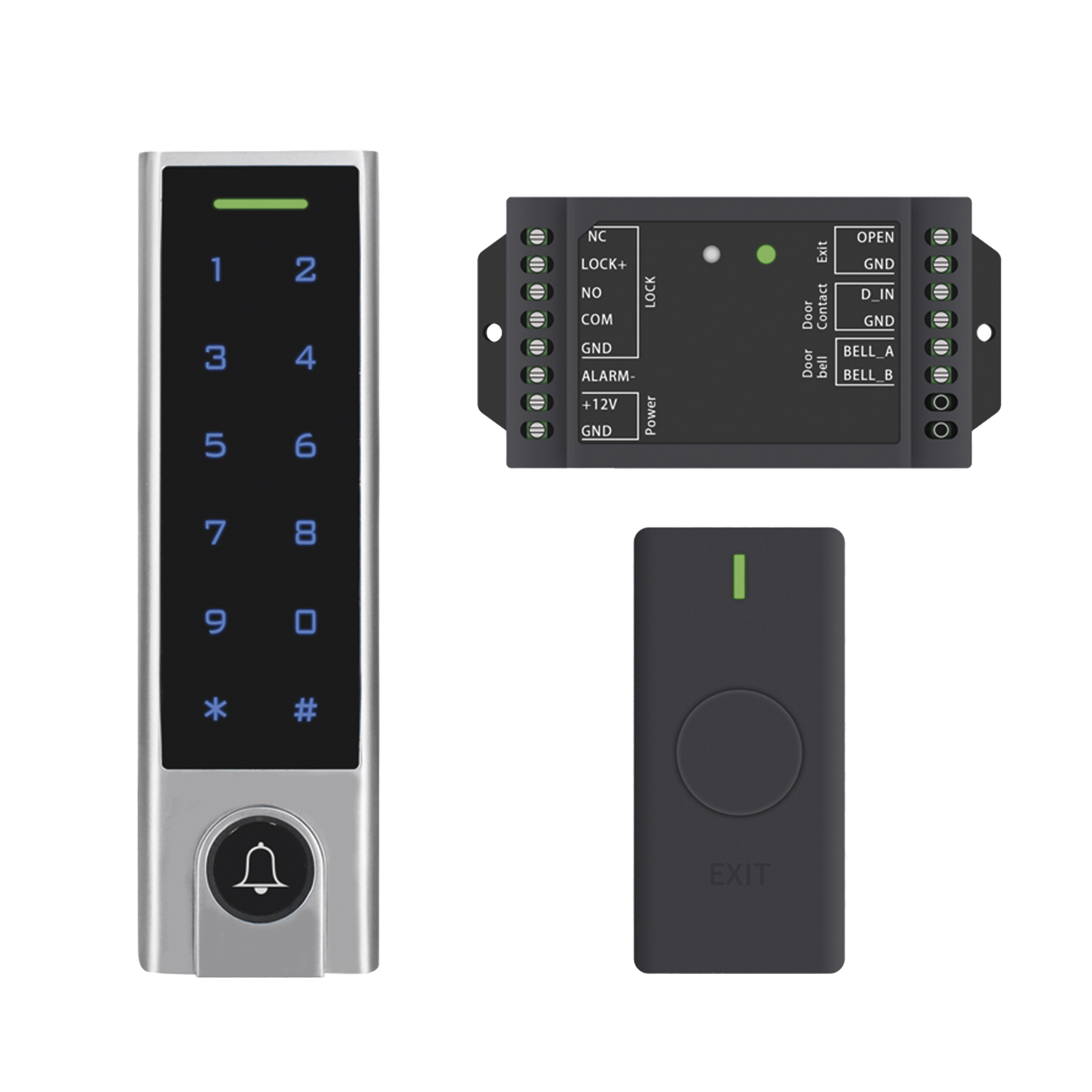 ACCESSK8 - Mini Controlador de Acceso con Teclado Inalámbrico / Cuenta con Botón de Salida Inalámbrico / Soporta Tarjeta y Contraseña / Cuenta con Botón de Timbre