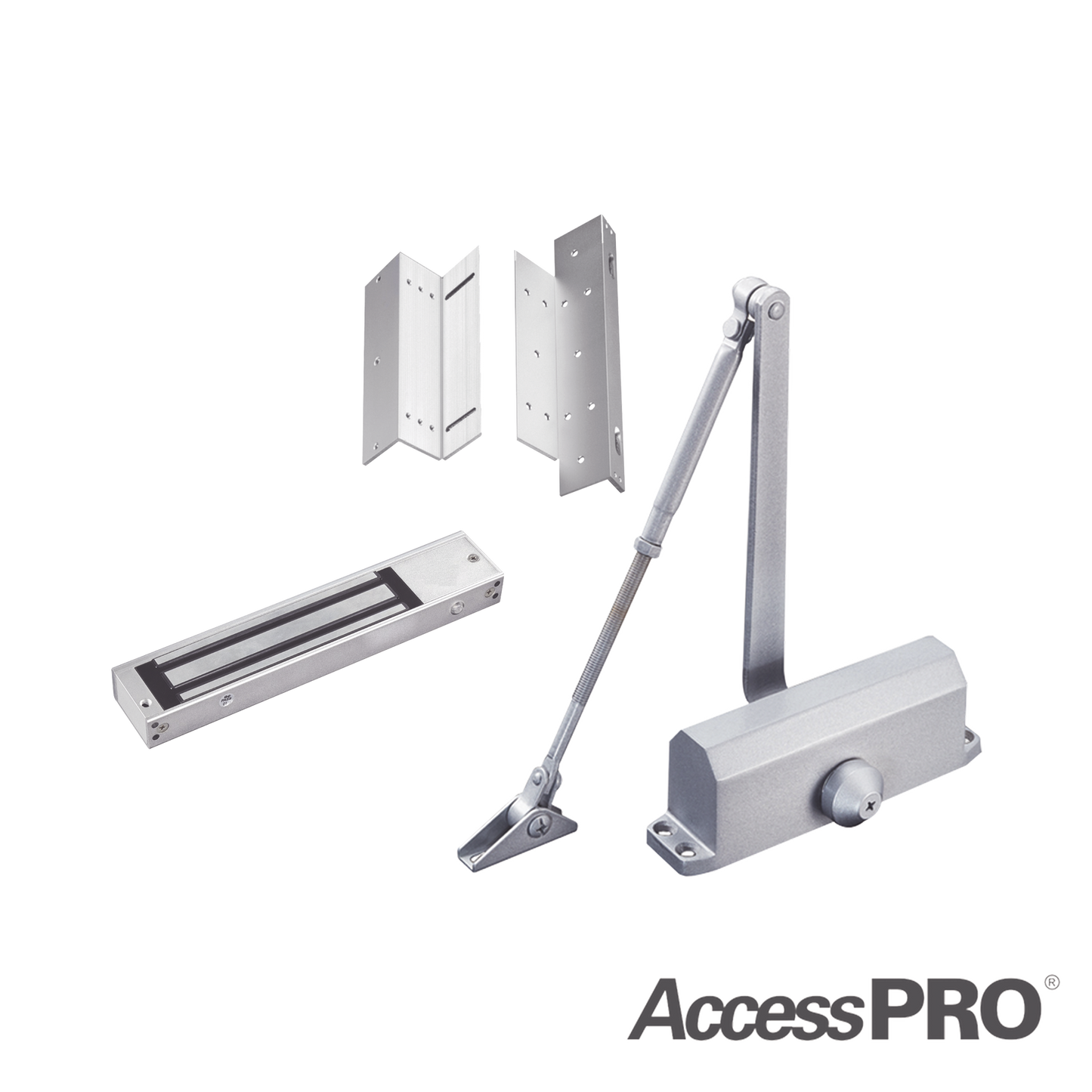 ACCESSKIT600N Kit para control de acceso incluye Chapa magnética de 600Lbs / Montajes L y Z / Cierra puerta para 45-65Kg.