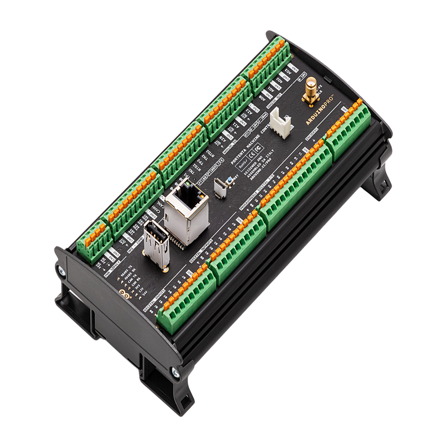 AKX-00032 - Controlador Industrial Arduino Portenta Machine Control / STM32H747XI Dual Cortex / 24V DC / 8 Entradas Digitales / 8 Salidas Digitales / 12 I/O Programables / 3 Entradas Analógicas / 4 Salidas Analógicas / 3 Canales Temperatura / CAN / Ethe