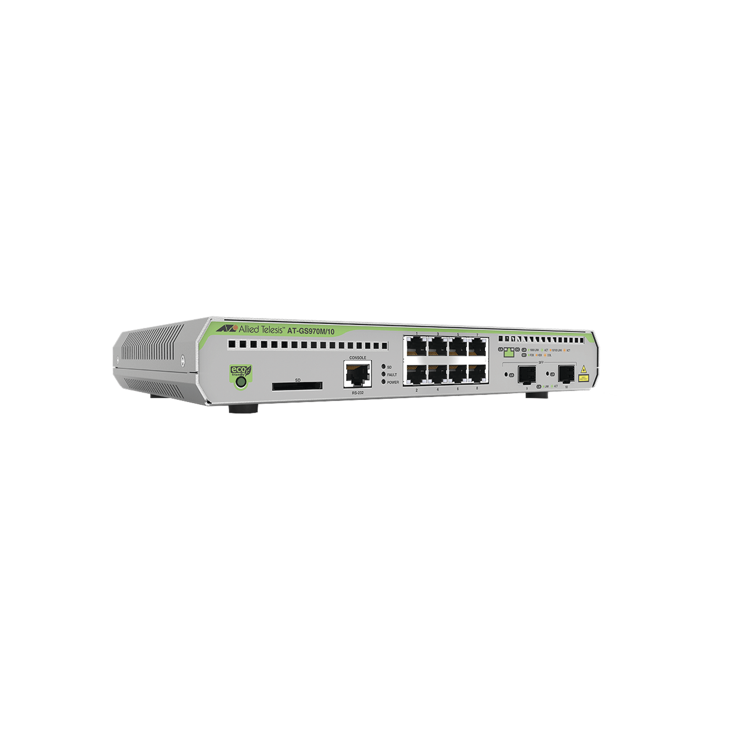AT-GS970M/10-10 Switch Administrable CentreCOM GS970M, Capa 3 de 8 Puertos 10/100/1000 Mbps + 2 puertos SFP Gigabit