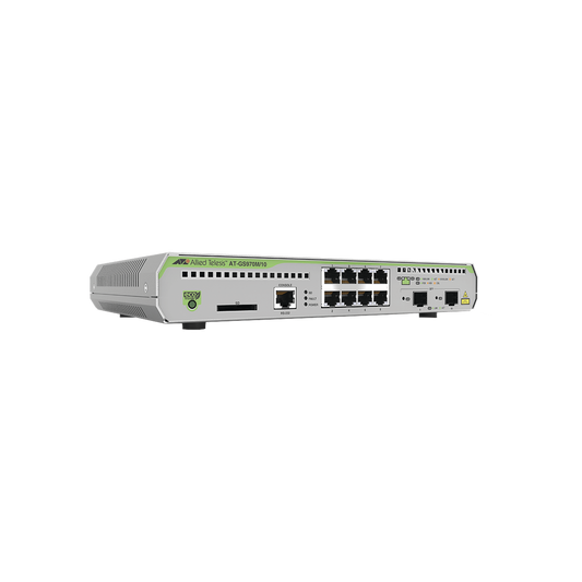 AT-GS970M/10-10 Switch Administrable CentreCOM GS970M, Capa 3 de 8 Puertos 10/100/1000 Mbps + 2 puertos SFP Gigabit