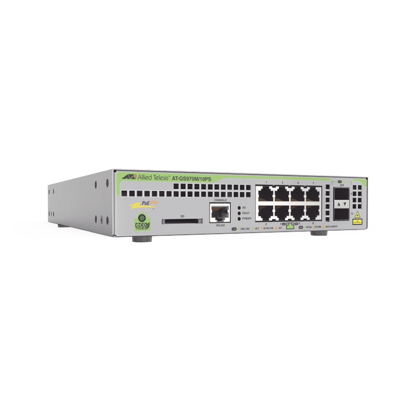 AT-GS970M/10PS-R-10 Switch PoE+ Administrable CentreCOM GS970M, Capa 3 de 8 Puertos 10/100/1000 Mbps + 2 SFP Gigabit, 124 W
