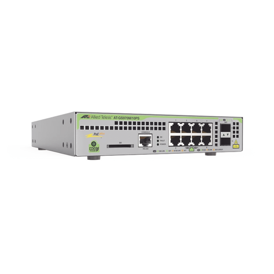 AT-GS970M/10PS-R-10 Switch PoE+ Administrable CentreCOM GS970M, Capa 3 de 8 Puertos 10/100/1000 Mbps + 2 SFP Gigabit, 124 W