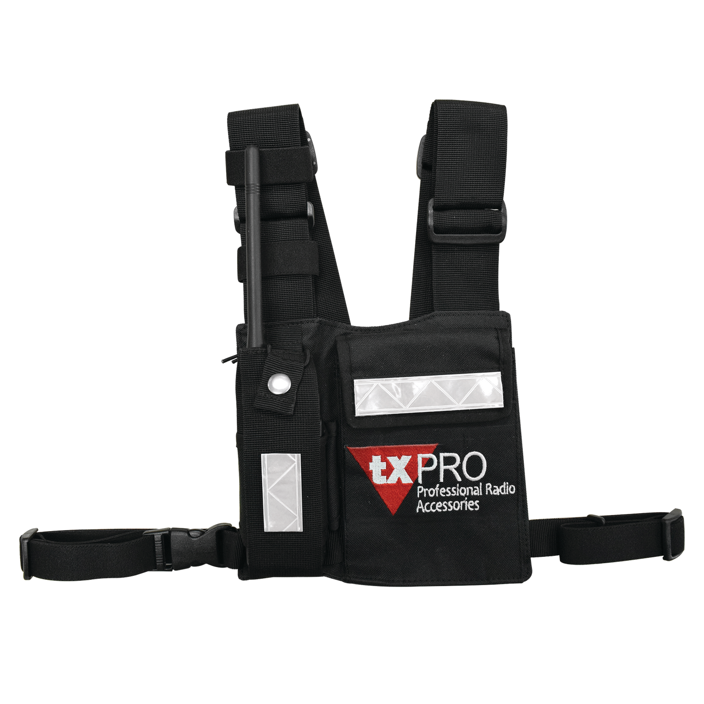 CPP-TXP - Pechera Universal con soporte para radio, sostén de bolígrafo y seguridad para la bolsa con cinta adherente. Logo TX-PRO.