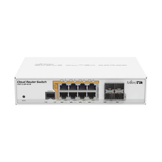 CRS112-8P-4S-IN Cloud Router Switch Administrable L3, 8 puertos 10/100/1000 Mbps c/PoE Pasivo ó 802.3af/at, 4 Puertos SFP