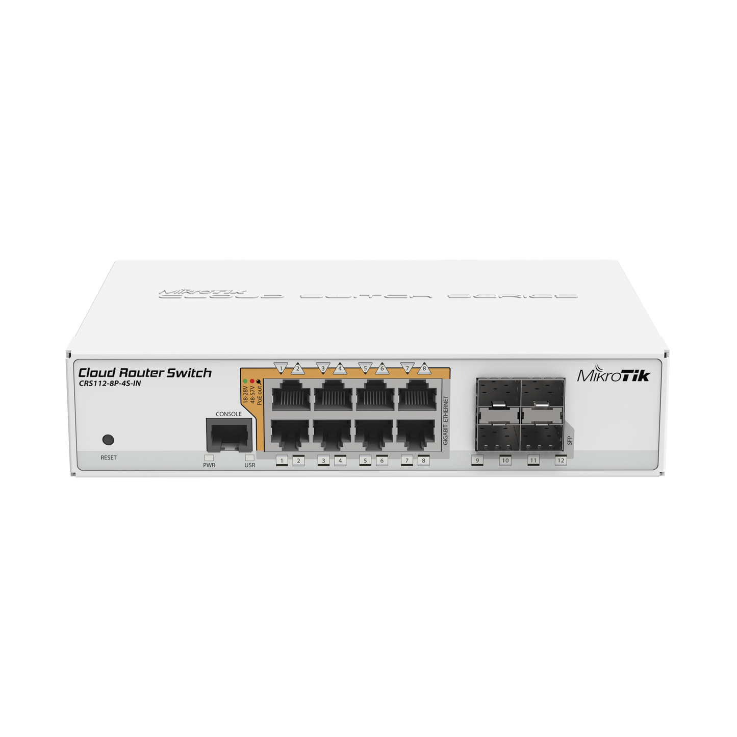 CRS112-8P-4S-IN - Cloud Router Switch Administrable L3, 8 puertos 10/100/1000 Mbps c/PoE Pasivo ó 802.3af/at, 4 Puertos SFP