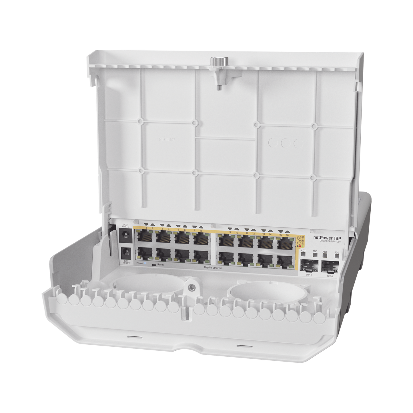 CRS318-16P-2S+OUT (netPower 16P) Switch administrable Sistema Operativo Dual, 16 puertos c/PoE, 2 puertos 10G SFP+ para Exterior