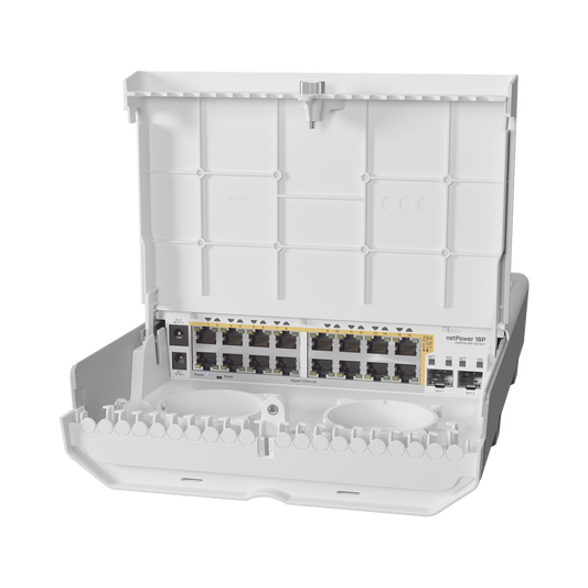 CRS318-16P-2S+OUT (netPower 16P) Switch administrable Sistema Operativo Dual, 16 puertos c/PoE, 2 puertos 10G SFP+ para Exterior