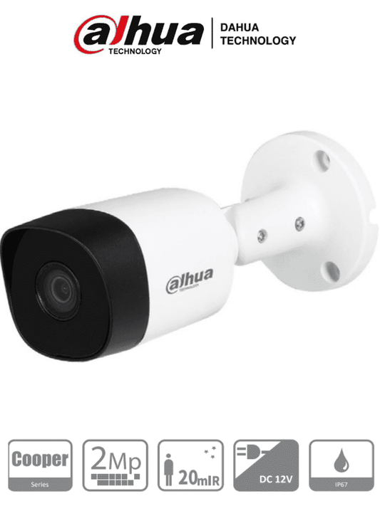 DH-HAC-B2A21N Cámara Bullet de 2 Megapixeles. Resolución 1080p. Lente de 2.8 mm con ángulo de 100 grados. Alcance IR de 20m. Estructura metálica con protección IP67. Compatible con CVI, TVI, AHD y CVBS. Incluye menú OSD/