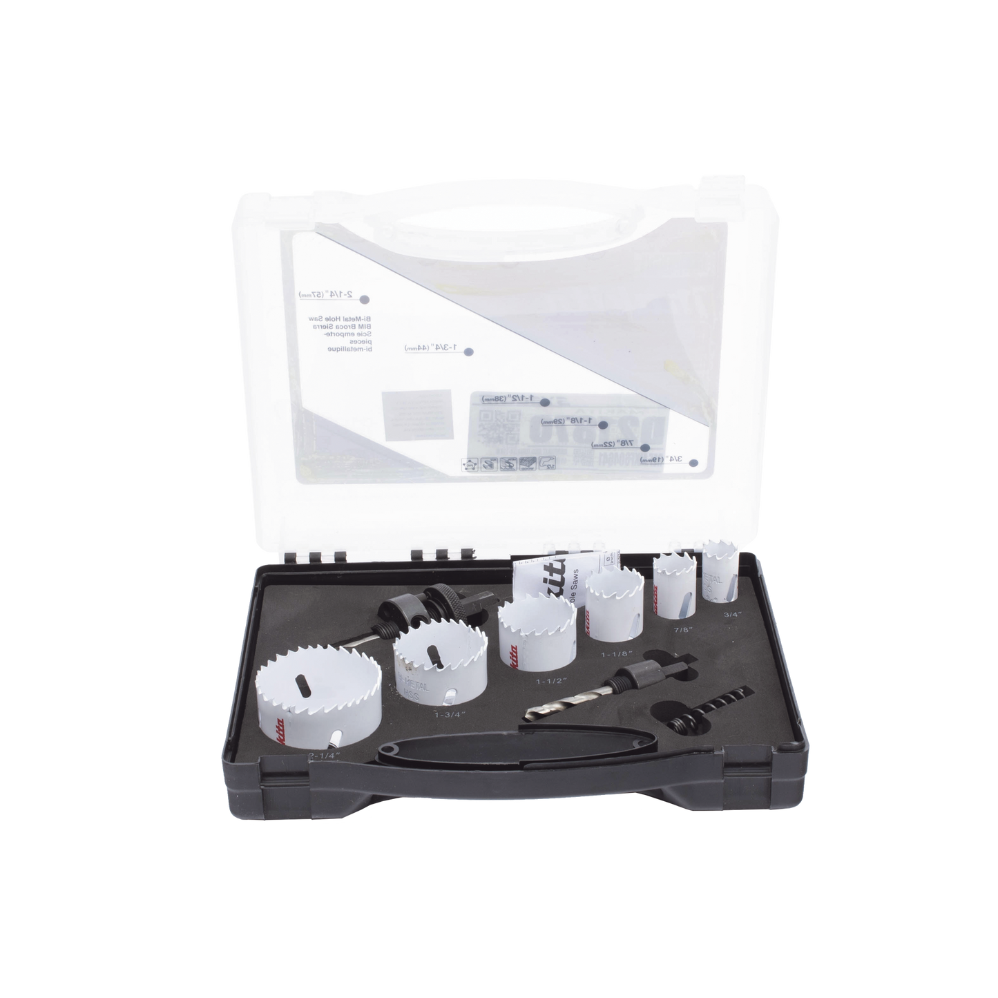 D-21870 - Kit de broca sierras (3/4 - 2 1/4 in) incluye 6 piezas de broca sierras, 2 adaptadores y resorte de expulsión.