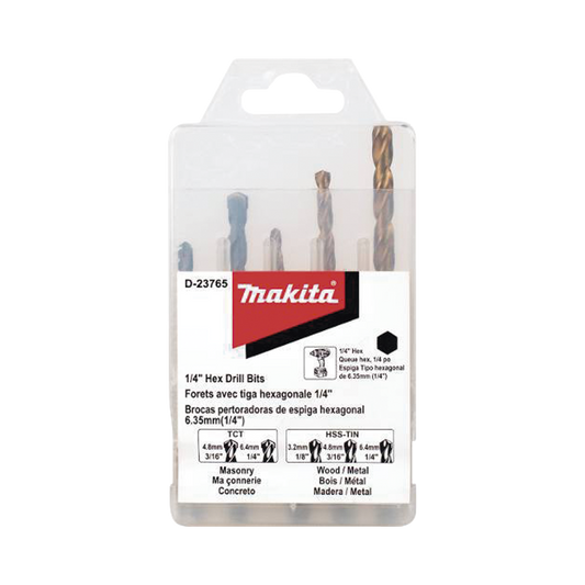 D-23765 Juego de 5 Brocas con Inserción Hexagonal de 1/4. De concreto: 3/16 y 1/4. Para metal: 1/8, 3/16 y 1/4.