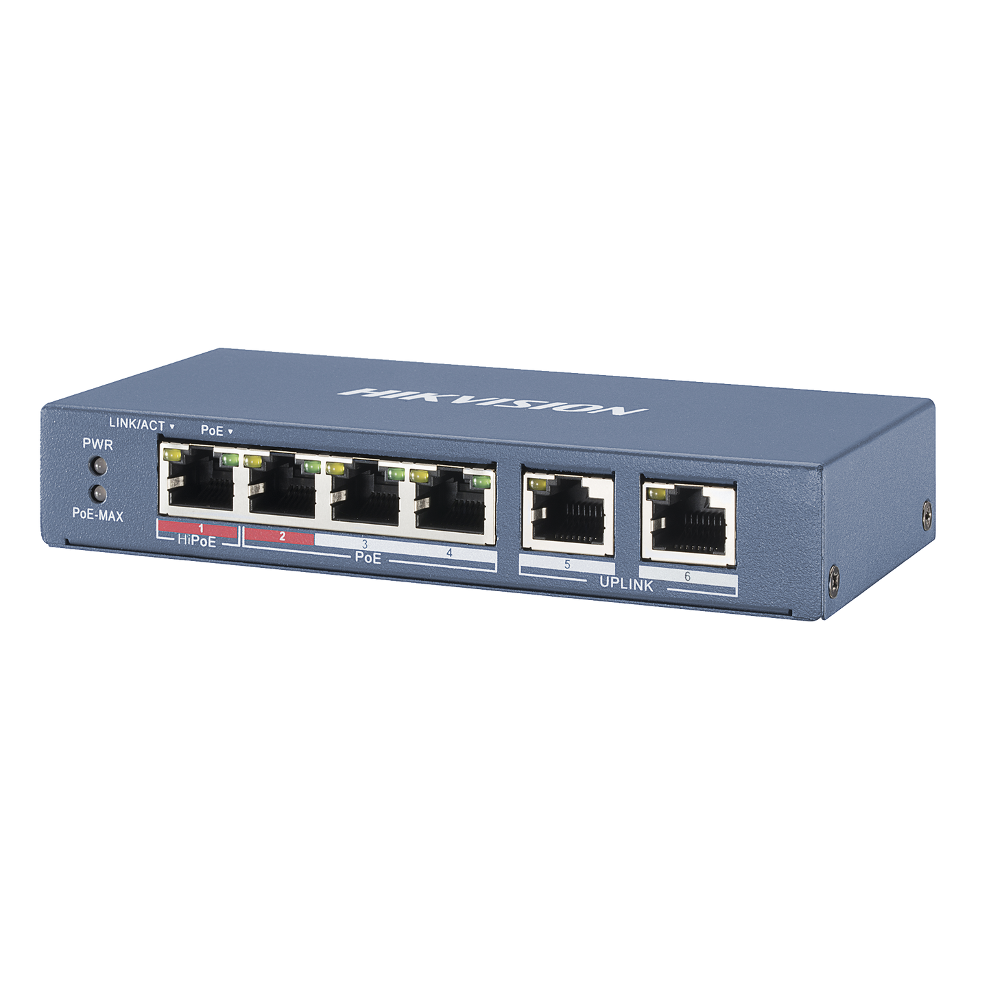 DS-3E0106HP-E Switch PoE+ / No Administrable / 3 Puertos 10/100 Mbps 802.3 af/at (30 W) + 1 Puerto 10/100 Mbps Hi-PoE (60 W) / 2 Puertos 10/100 Mbps Uplink / 300 Metros PoE Larga Distancia / 60 W