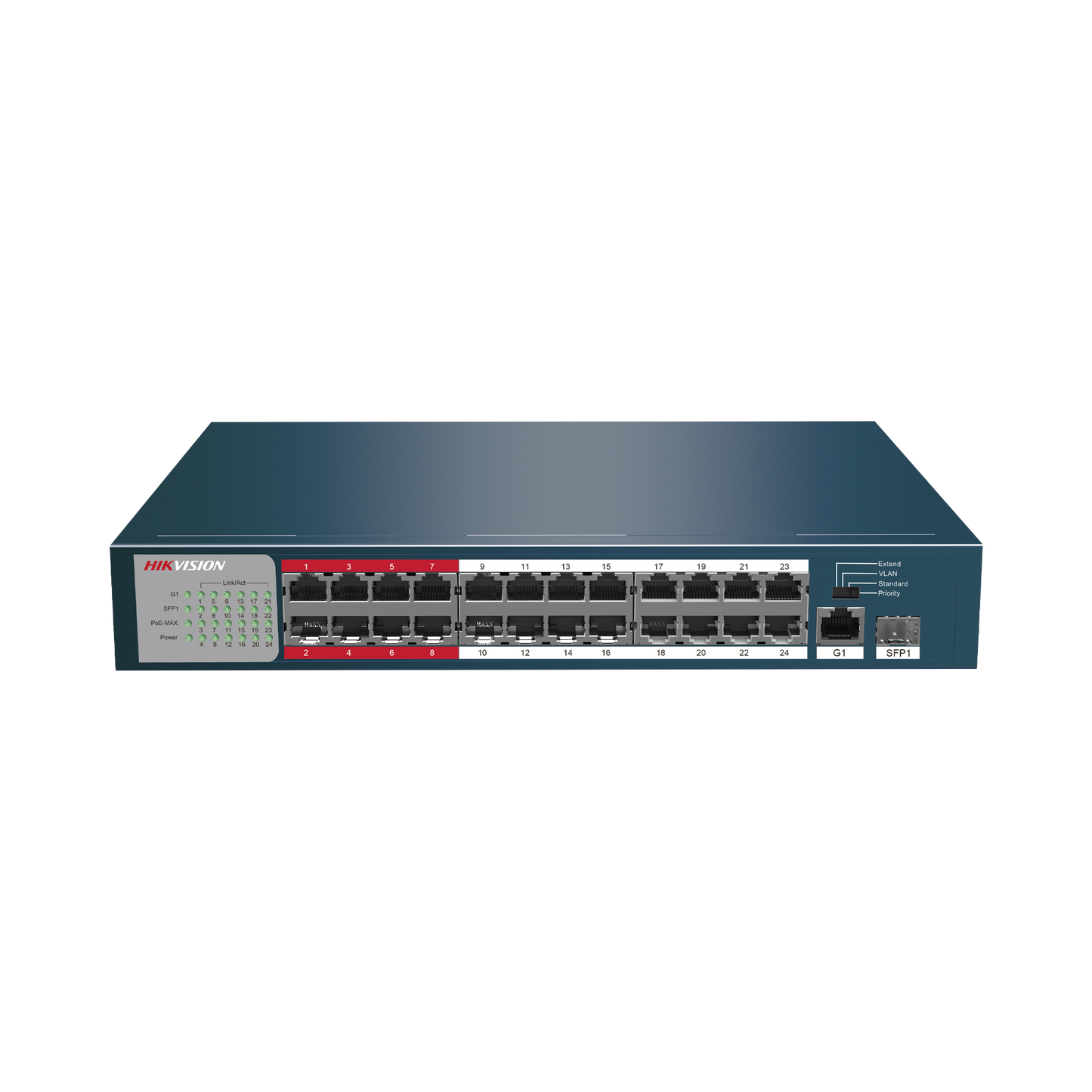 DS-3E0326P-E/M(B) Switch PoE+ / No Administrable / 24 Puertos 100 Mbps PoE+ / 1 Puerto 1000 Mbps + 1 Puerto SFP Uplink / PoE hasta 250 Metros / 230 Watts