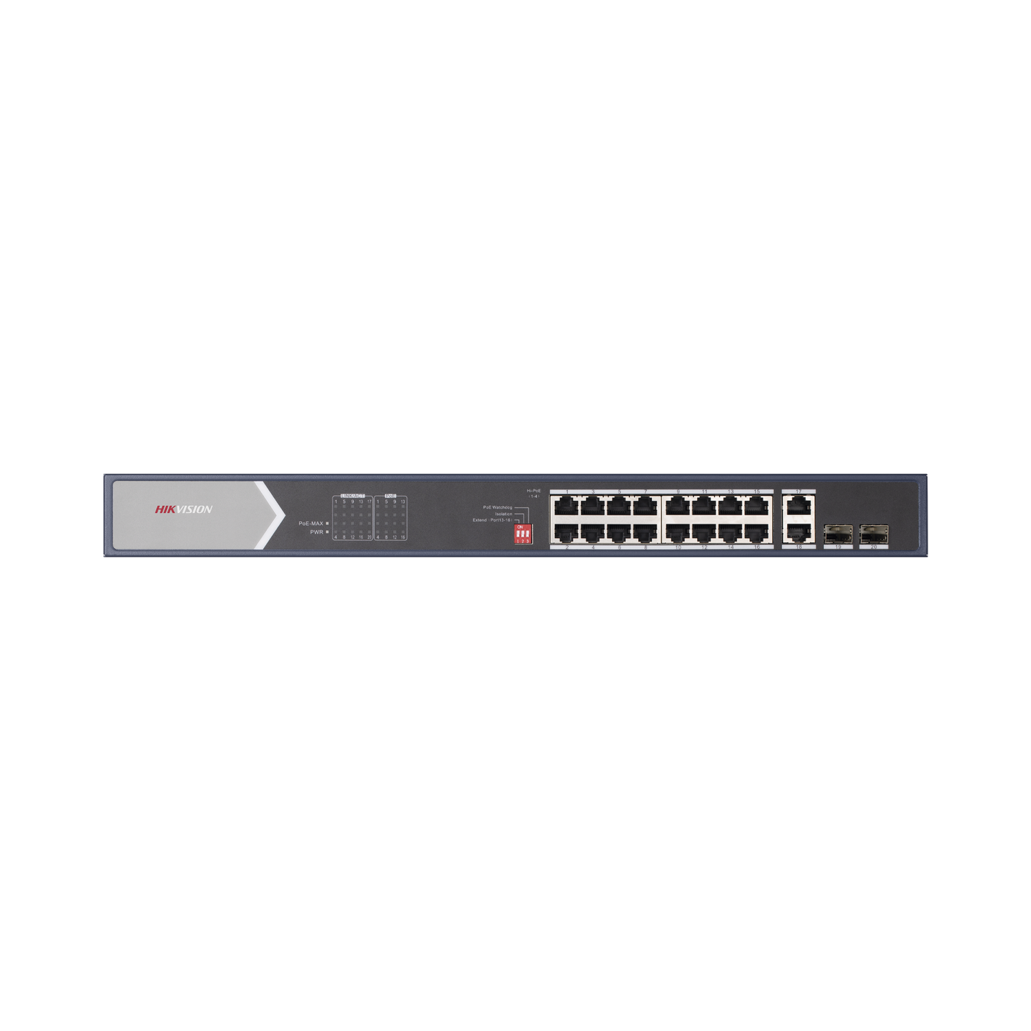 DS-3E0520HP-E Switch PoE+ / No Administrable / 16 Puertos 100 Mbps PoE+ (4 Puertos PoE++ 90 W) / 2 Puertos 1000 Mbps Uplink + 2 Puertos SFP de Uplink / PoE hasta 250 Metros / 225 Watts