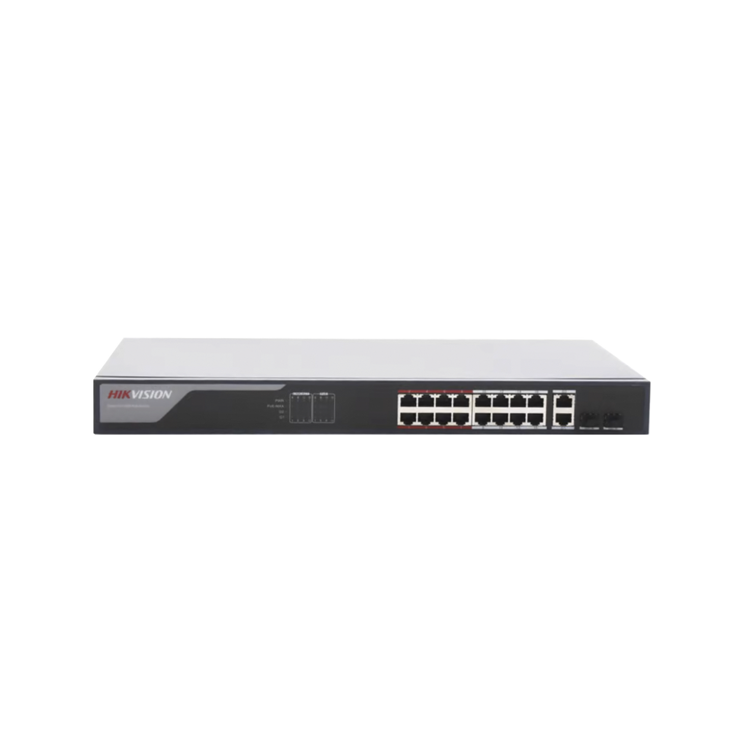 DS-3E1318P-EI Switch Monitoreable PoE+ / 16 puertos 100 Mbps PoE+ / 2 Puertos 1000 Mbps Uplink + 2 Puertos SFP de Uplink / PoE hasta 250 Metros / Conexión Remota desde Hik-PartnerPro / 230 Watts