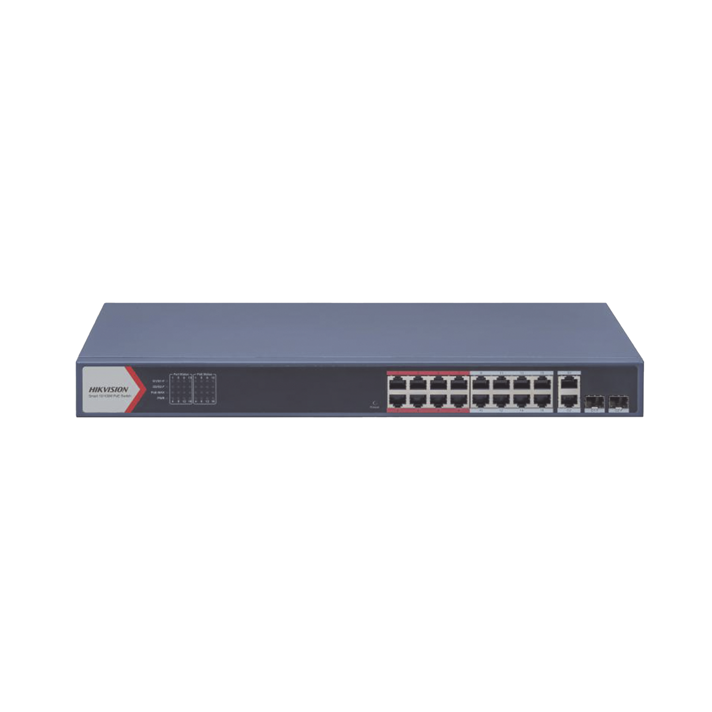 DS-3E1318P-EI(B) Switch Monitoreable PoE+ / 16 puertos 100 Mbps PoE+ / 2 Puertos 1000 Mbps Uplink + 2 Puertos SFP de Uplink / PoE hasta 300 Metros / Conexión Remota desde Hik-PartnerPro / 230 Watts
