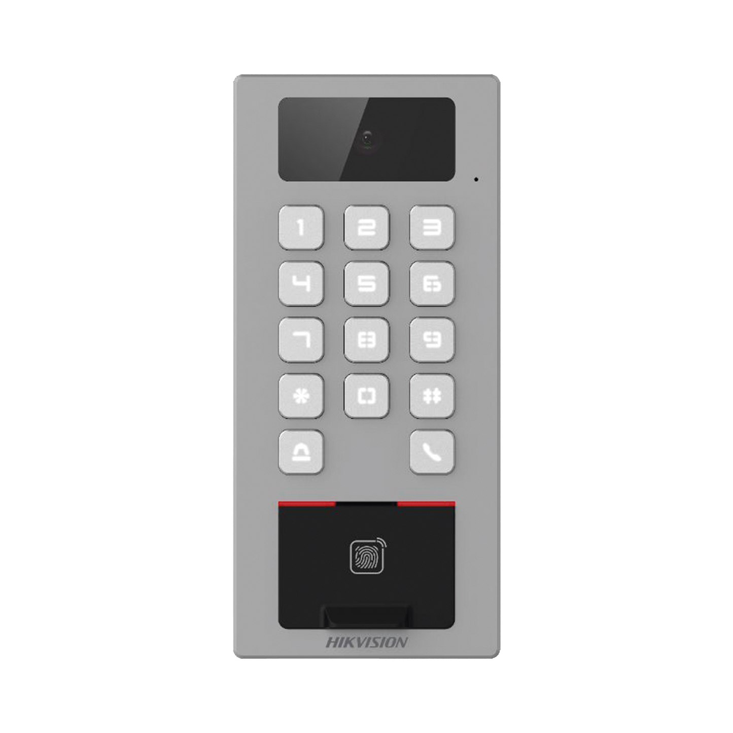 DS-K1T502DBFWX-C Lector Biometrico con Teclado para Exterior Antivandálico IP65 & IK09 con función de Videoportero Multiapartamento / Huella, Tarjeta, Código QR, PIN o App HikConnect / Cámara 2 MP compatible con NVRs / Soporta biom