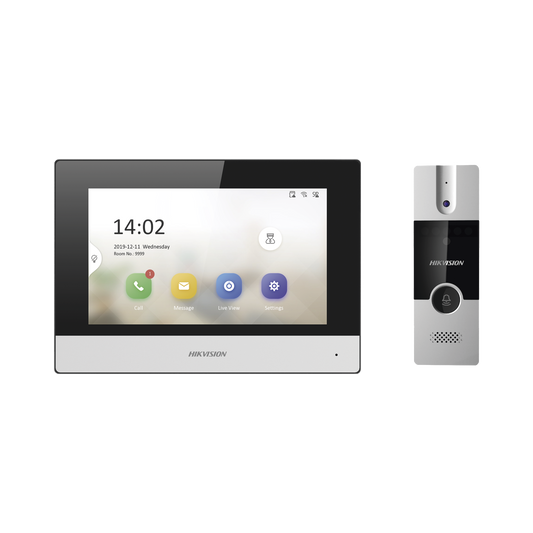 DS-KIS302-P Kit de Videoportero Analógico de Plastico / IP a 4 Hilos con Función de Llamada a App Hik-Connect / Monitor se Conecta a Internet por Cable o WiFi y por 4 Hilos al Frente de Calle / Expandible a Mas Equipos