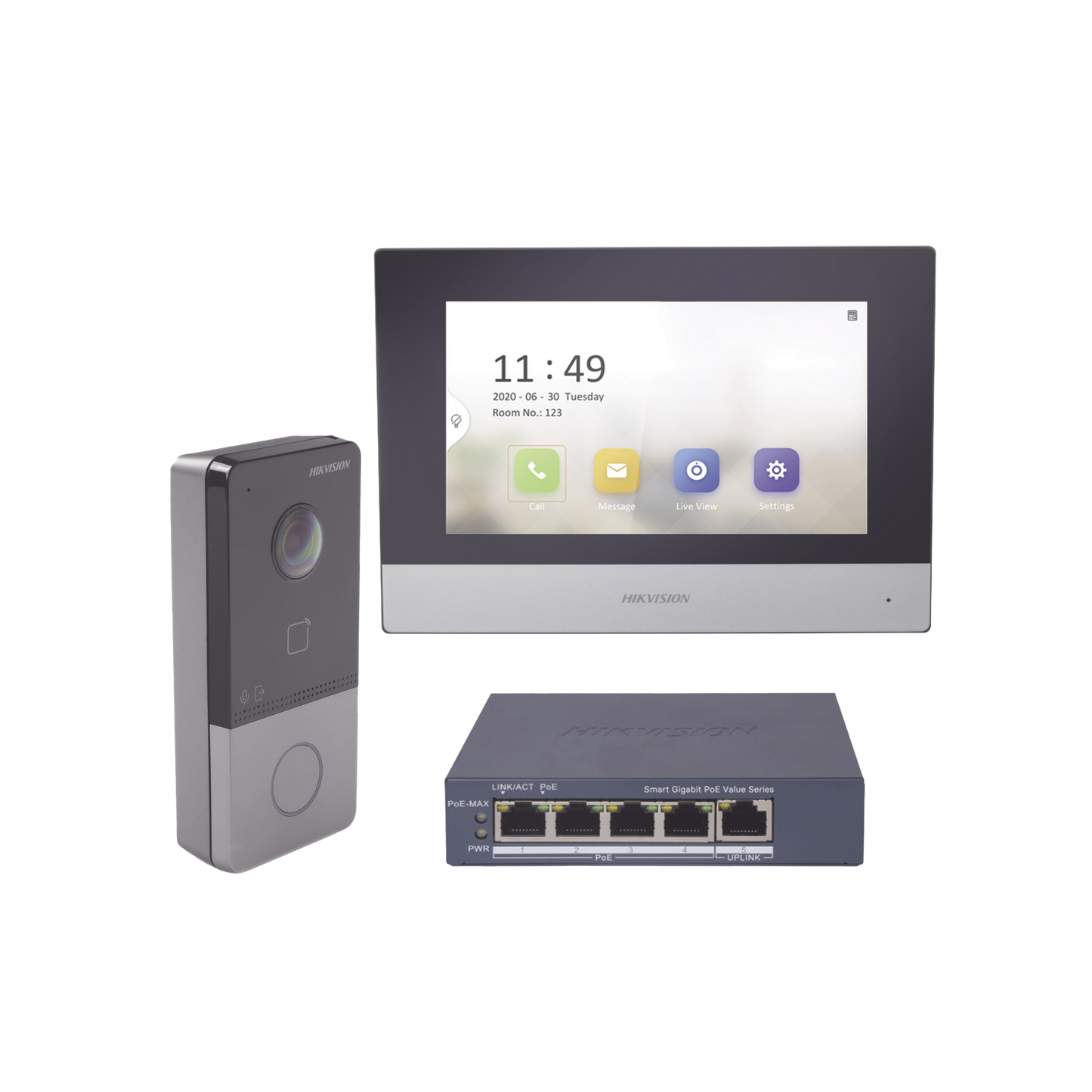 DS-KIS603-P/S Kit de Videoportero IP + Switch Poe Poe Estandar con llamada a App de Smartphone (HikConnect) / Apertura con tarjeta MIFARE / Frente de calle IP65 / Soporta 1 Departamento