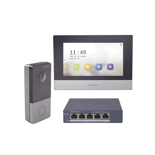 DS-KIS603-P/S Kit de Videoportero IP + Switch Poe Poe Estandar con llamada a App de Smartphone (HikConnect) / Apertura con tarjeta MIFARE / Frente de calle IP65 / Soporta 1 Departamento