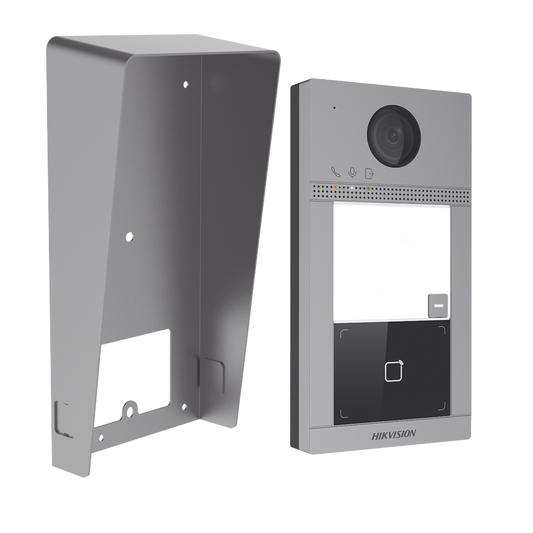 DS-KV8113-WME1(C)/IK Kit Videoportero + Carcasa protectora IP 2 Megapixel / Llamada y Apertura Remota desde App Hik-Connect / PoE / Exterior IP65 + Antivandalico IK08 / 1 Departamento / Apertura con Tarjeta / Soporta 2 Puertas y hasta 6 Monitores