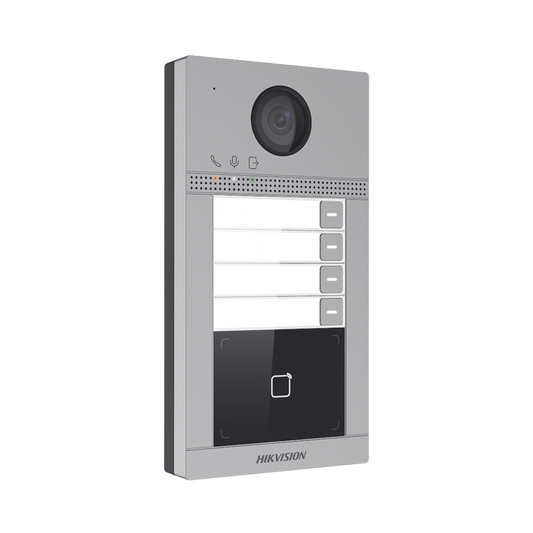 DS-KV8413-WME1(C) Videoportero IP 2 Megapixel / Llamada y Apertura Remota desde App Hik-Connect / PoE / Exterior IP65 + Antivandalico IK08 / 4 Departamento / Apertura con Tarjeta / Soporta 2 Puertas y hasta 6 Monitores
