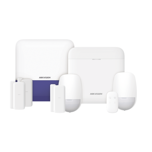 DS-PWA48-KSV2 (AX PRO) KIT de Alarma AX PRO con GSM (3G/4G) / Incluye: 1 Hub con bateria de respaldo / 2 Sensores PIR / 3 Contactos Magnéticos mini / 1 Control Remoto / 1 Sirena Inalambrica Exterior  / WiFi / Compatible con Hik-Connect P2P