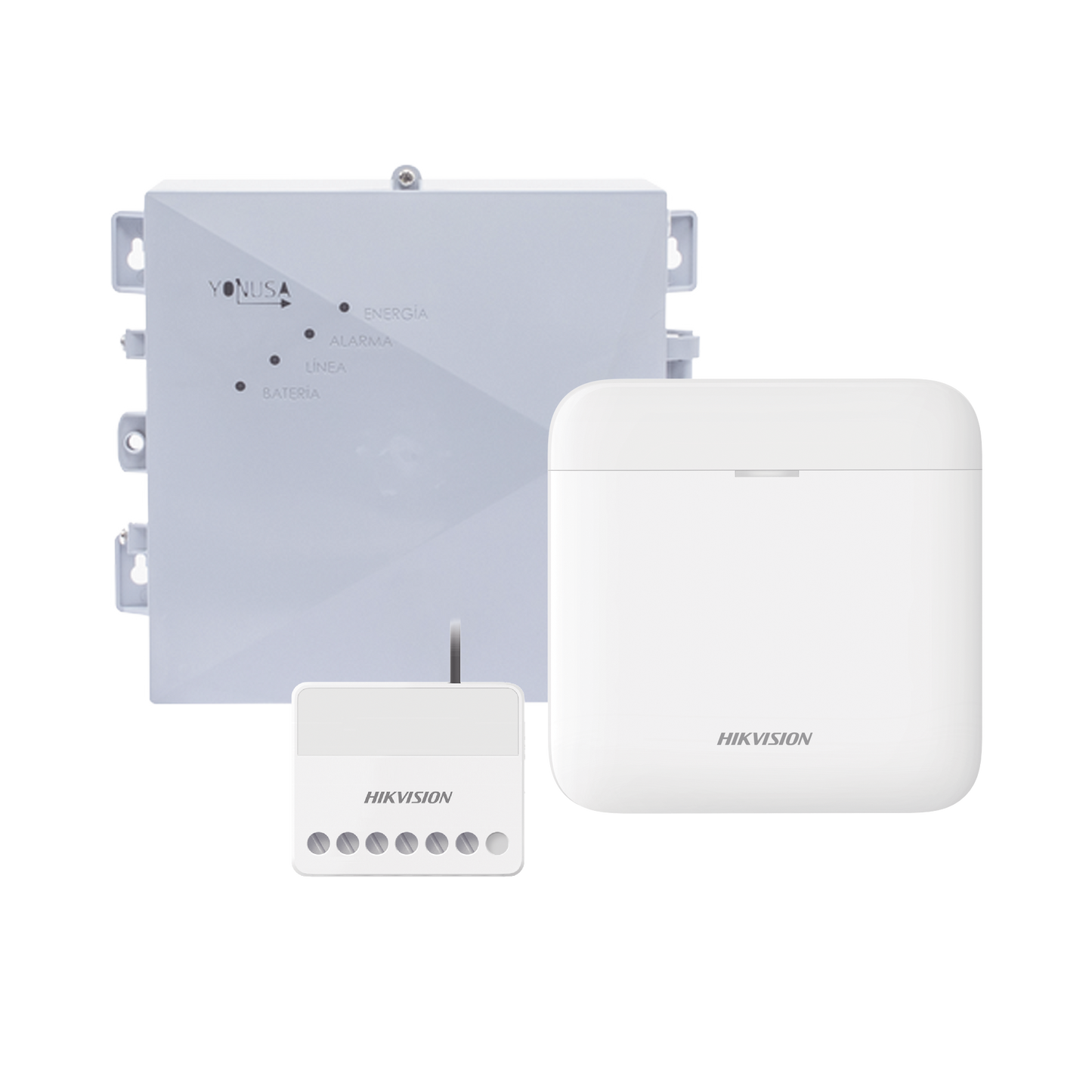 DS-PWA48-SYSNG (AX PRO + YONUSA) KIT de Alarma AX PRO / Incluye: 1 Hub con bateria de respaldo / 1 Energizador 2500Mts Lineales / 1 Relevador  0 a 36 Vcc (Max. 5 A) con Entrada de Alarma 27/7