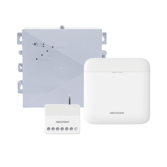 DS-PWA48-SYSNG (AX PRO + YONUSA) KIT de Alarma AX PRO / Incluye: 1 Hub con bateria de respaldo / 1 Energizador 2500Mts Lineales / 1 Relevador  0 a 36 Vcc (Max. 5 A) con Entrada de Alarma 27/7