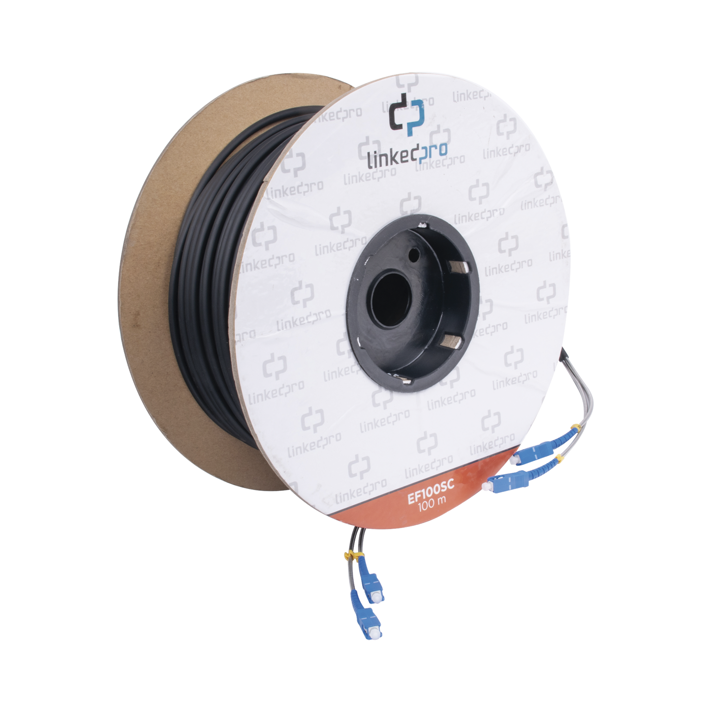 EF-100-SC Carrete de Fibra Óptica Monomodo con Conectores SC-SC Duplex, Reforzada con Kevlar, de 100 metros